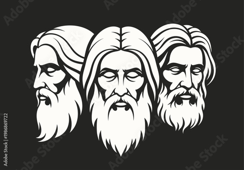 Minimalist Black and White Vector Illustration of Three Bearded Sages, Philosophers, or Ancient Greek Gods