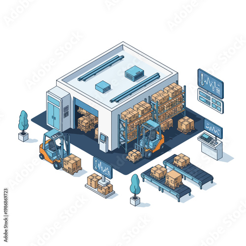 Isometric Warehouse with Forklifts and Boxes for Logistics and Distribution.