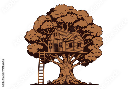 Rustic Wooden Treehouse Illustration in a Large Lush Tree with Ladder, Vintage Style Cabin in Nature Isolated on White