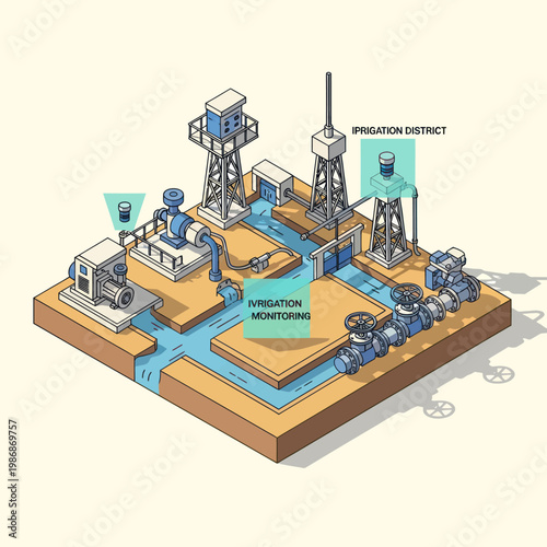 Isometric Water Management System with Irrigation District and Monitoring.