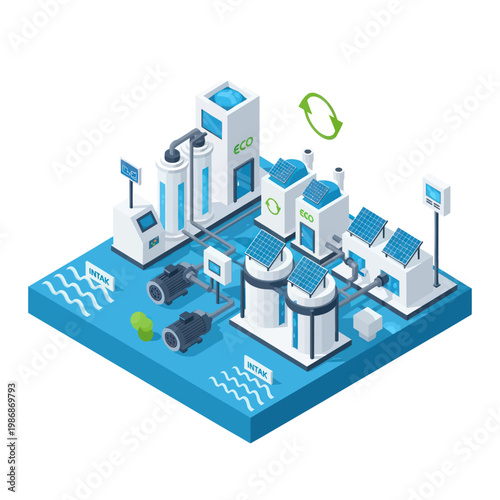 Isometric Water Purification and Recycling Plant Illustration.