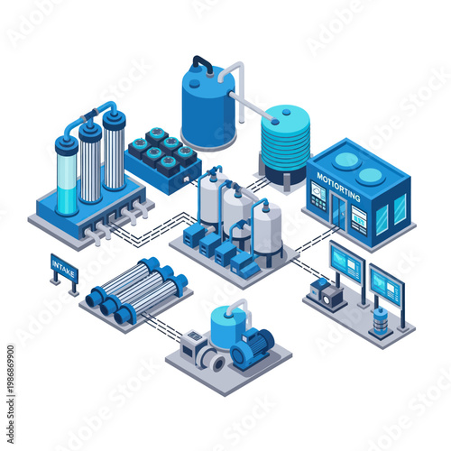 Isometric Water Treatment Plant and Filtration System Illustration.