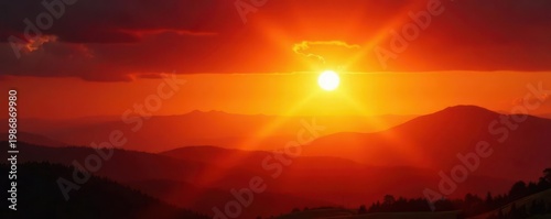 Intense orange sunset, blazing sun, thermometer registers extreme heat , thermometer, glowing sun, bright
