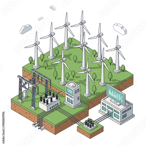 Isometric Wind Farm Generating Clean Renewable Energy.