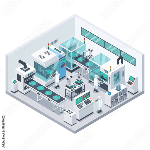 Modern Automated Manufacturing Facility with Robotic Arms and Cleanroom Environment.