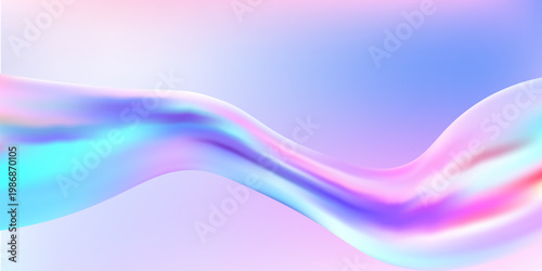 Abstract 3D glass ribbons with holographic gradients create a futuristic background. Pastel blue and pink waves flow with iridescent light, perfect for modern graphic backgrounds.