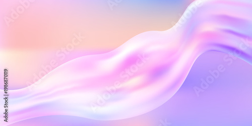 Futuristic iridescent ribbons with glossy transparent texture. Flowing liquid shapes in blue, purple, and pink create a bright hologram effect on isolated clean surface.