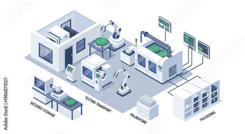 Modern Automated Manufacturing Factory Floor with Robotic Arms and Machinery.