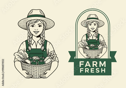 Vintage Style Female Farmer Illustration and Logo with Basket of Fresh Vegetables and Farm Fresh Text - Retro Organic Agriculture Concept