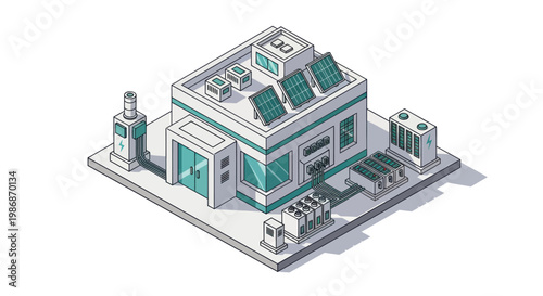 Modern Building with Solar Panels and Energy Infrastructure.