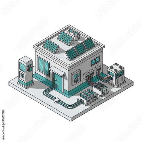 Modern Building with Solar Panels and Energy Infrastructure.