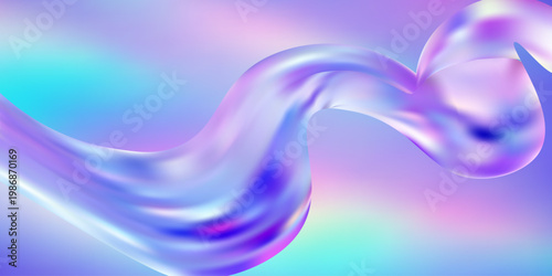 Abstract 3D glass waves with holographic gradient ribbons create a futuristic design. Iridescent blue and purple flowing shapes with glossy transparent texture isolated on background.