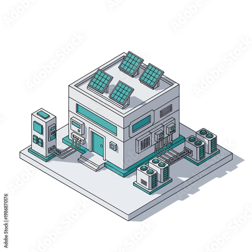 Modern Building with Solar Panels and Energy Systems.
