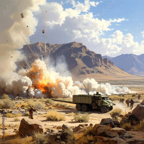 A desert landscape with a military vehicle amidst an explosion