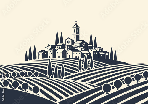 Minimalist Mediterranean Village and Terraced Vineyard Landscape Illustration, Vintage Style Hilltop Town with Cypress Trees and Church