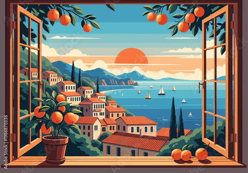 Mediterranean Window View of Coastal Italian Village with Orange Trees and Sailboats at Sunset, Summer Travel Illustration