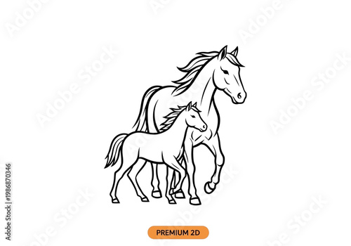Minimalist Horse Line Art: Mare and Foal Illustration - Mother and Baby Horse Drawing Vector Concept
