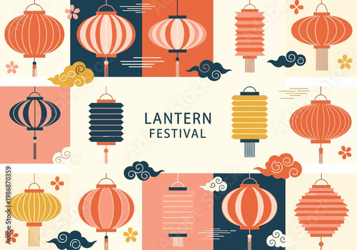 Chinese Lantern Festival Vector Illustration with Modern Flat Design Paper Lanterns, Clouds and Flowers for Mid-Autumn Festival and Lunar New Year Background