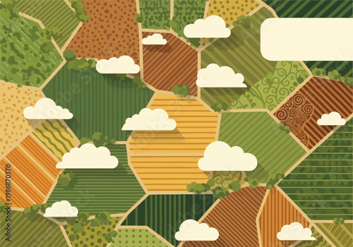 Abstract Aerial View of Farmland Illustration with Geometric Patterns and Clouds