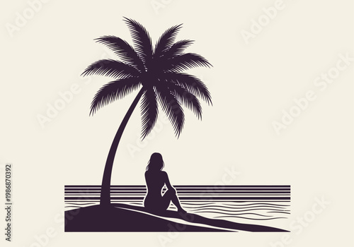 Minimalist Silhouette of Woman Relaxing Under Palm Tree on Tropical Beach