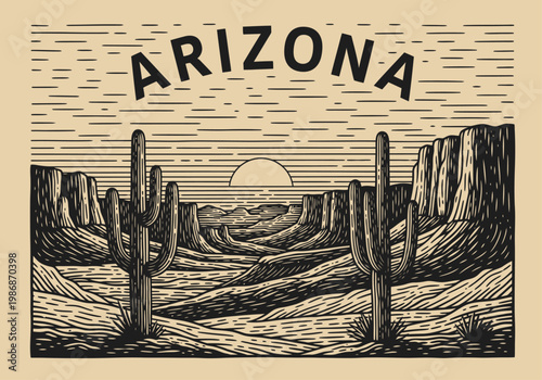 Vintage Linocut Style Arizona Desert Illustration with Saguaro Cacti, Canyons, and Sunset in Retro Woodcut Aesthetic