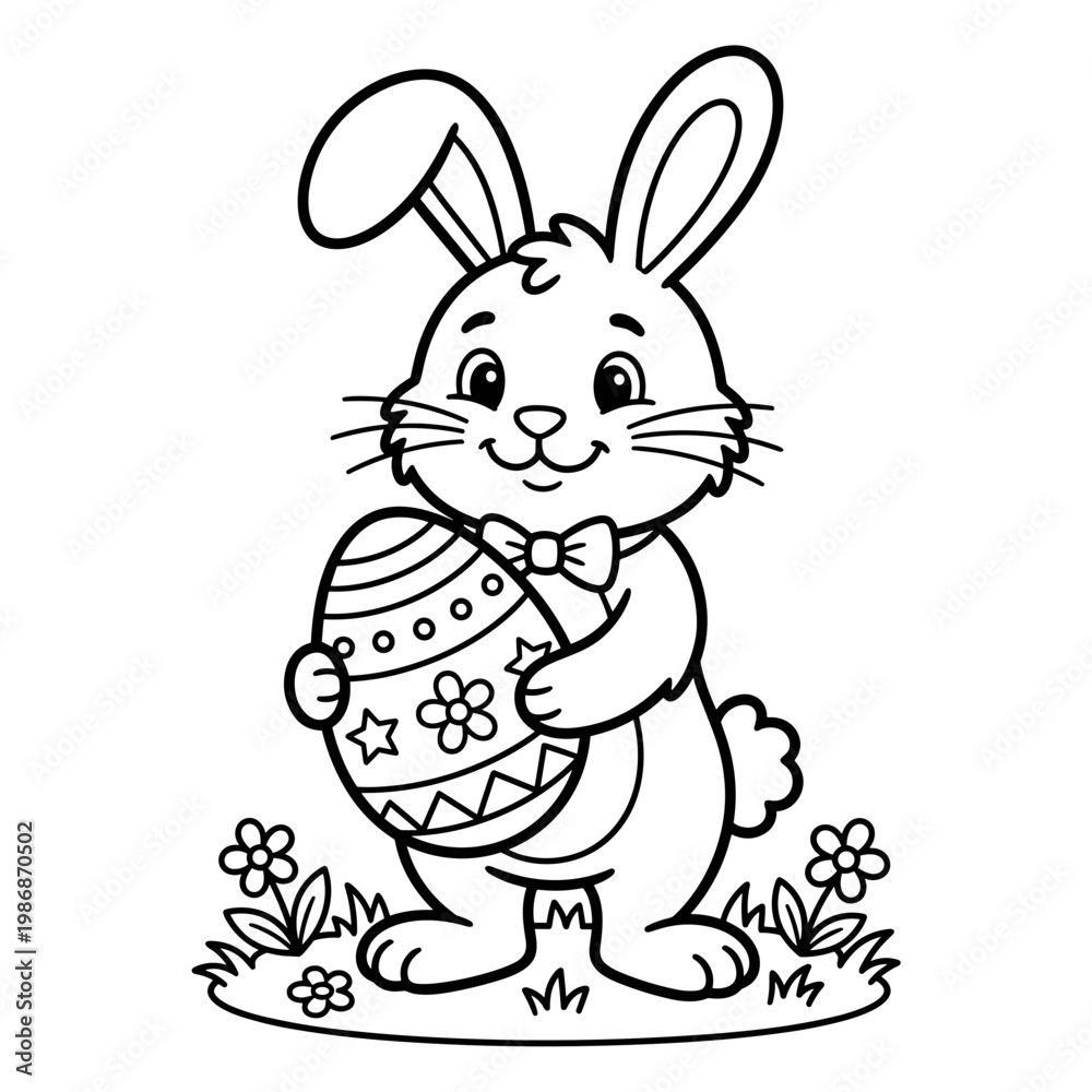Obraz premium Cute rabbit holding Easter egg surrounded by flowers in spring coloring pages