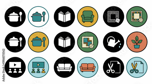 A collection of vector icons representing various hobbies and domestic activities like cooking, reading, crafting, gardening, and home comfort