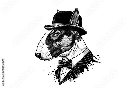 Bull Terrier Gentleman in Bowler Hat and Suit - Vintage Stippling Illustration of an Anthropomorphic Dog in Elegant Tuxedo