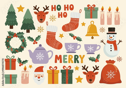 Festive Christmas Icon Set - Flat Illustration Holiday Elements with Santa, Reindeer, and Snowman