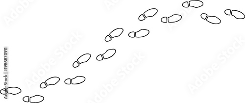 Footprint outline path, thin line human bare foot track set on white background. Minimalist walking person steps, footprint outline design, simple body part shape. Bare foot line art