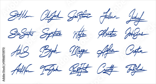 Signature set, autograph collection handwritten blue ink name scribble. Fake personal sign, legal document mark, approval scribble isolated on white.