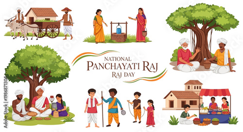 Illustrations showcasing the Panchayat system concept for National Panchayati Raj Day depicting rural life in India, from farming and water access to community meetings and local markets