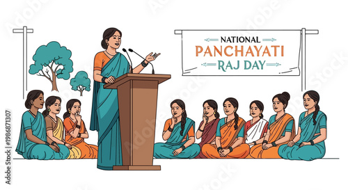 Against a clean white backdrop, an illustration depicts a woman giving a speech for National Panchayati Raj Day, in a celebration of rural governance and grassroots democracy