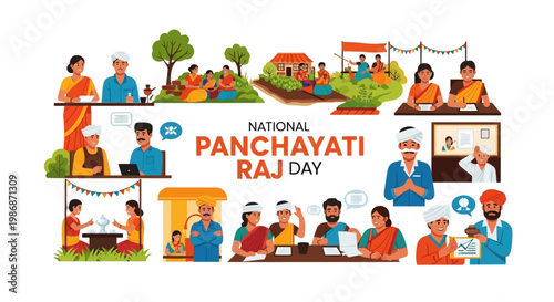Illustrated vector art celebrating National Panchayati Raj Day, showing village councils and rural development scenes with Indian leaders and citizens, set against a clean white background