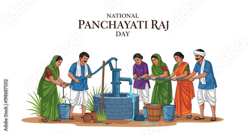 Illustrated vector art for National Panchayati Raj Day showcasing rural development in India, depicting villagers drawing water from a well in a bright, celebratory style that promotes