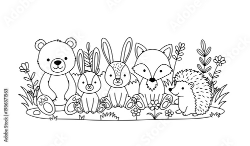 Cute forest animals coloring page bear rabbit fox hedgehog kids black and white vector illustration