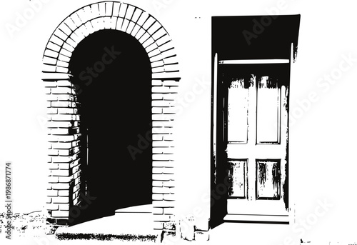 Black and white archway entrance and open doorway white background