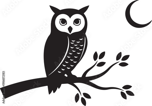 Owl, nocturnal bird, black silhouette, moon icon, vector illustration
