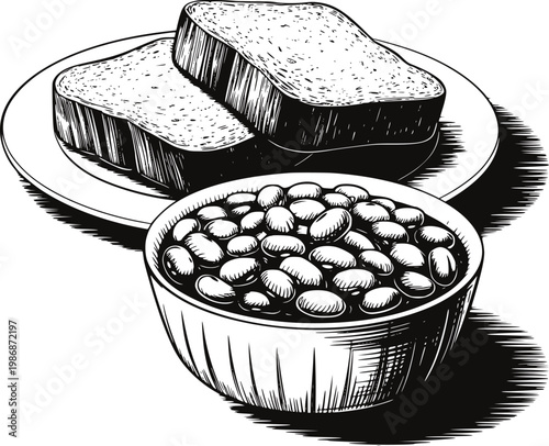 Black and white of baked beans in a bowl with toast a plate bread