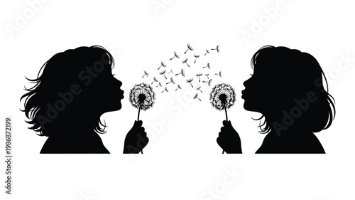 Two girls blowing dandelion seeds a delicate black silhouette