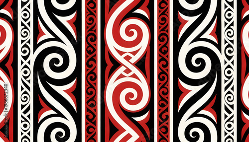 New Zealand Maori koru tribal pattern in red, black and white ornamental design. 