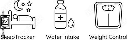 A set of vector icons representing healthy lifestyle habits, including a sleep tracker, water intake bottle, and weight control scale, perfect for marketing, advertising, and educational materials.