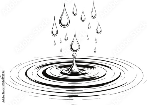 Black and white of water droplets falling and creating ripples a white background