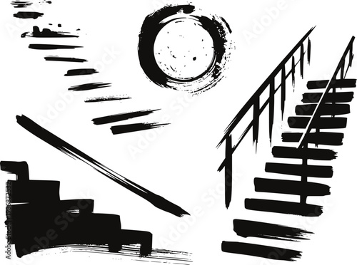 Black ink brush strokes: stairs, circle, and lines white background