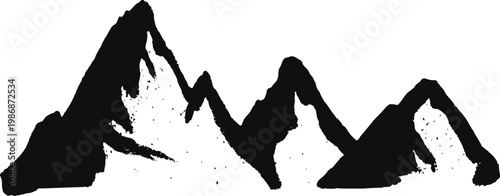 Black ink brush stroke mountain range silhouette white background