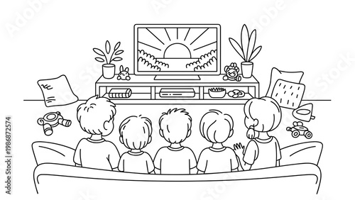Kids Watching TV Line Art Set  Cozy Living Room, Toys and Indoor Playtime Moments