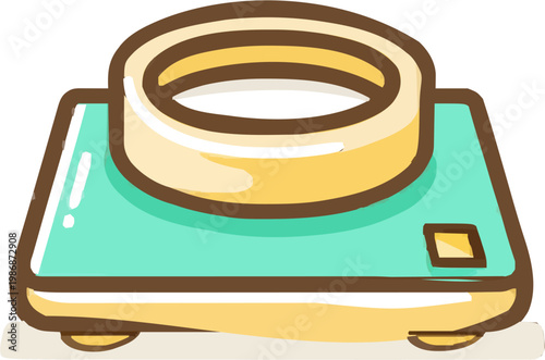 A minimalist flat design of a bathroom scale features a sleek digital display with muted silver and teal tones, exuding simplicity and modern elegance in its clean lines and solid colors