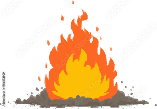 A minimalist flat 2D fire explosion features a vibrant orange flame with dark grey debris, rendered in a clean, jagged vector style without shadows or codes