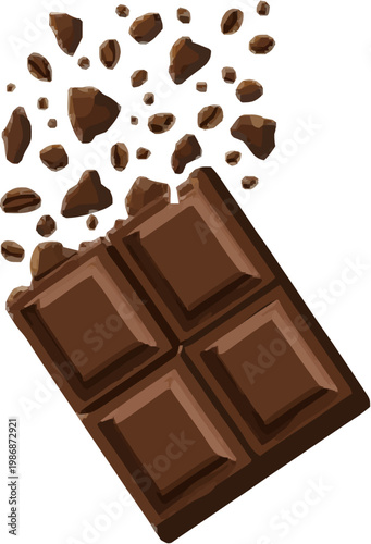 A minimalist flat design of a dark chocolate bar with sharp brown fragments and cocoa dust, set against a clean geometric backdrop