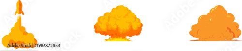 A minimalist 2D rocket launch illustration features a golden-orange cloud of smoke and flame against a stark white background